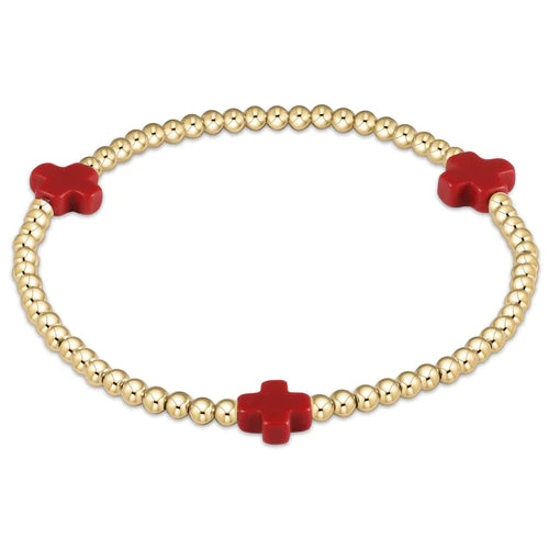 Signature Cross Gold Pattern 3mm Bead Bracelet - Red