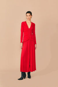 Farm Rio - Red V Neckline Long Sleeve Midi Dress