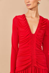 Farm Rio - Red V Neckline Long Sleeve Midi Dress