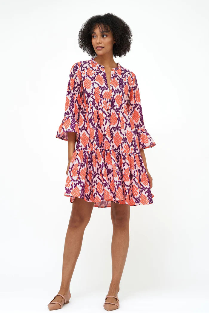 Oliphant - Coral Python Bell Sleeve Tiered Mini Dress