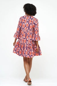 Oliphant - Coral Python Bell Sleeve Tiered Mini Dress